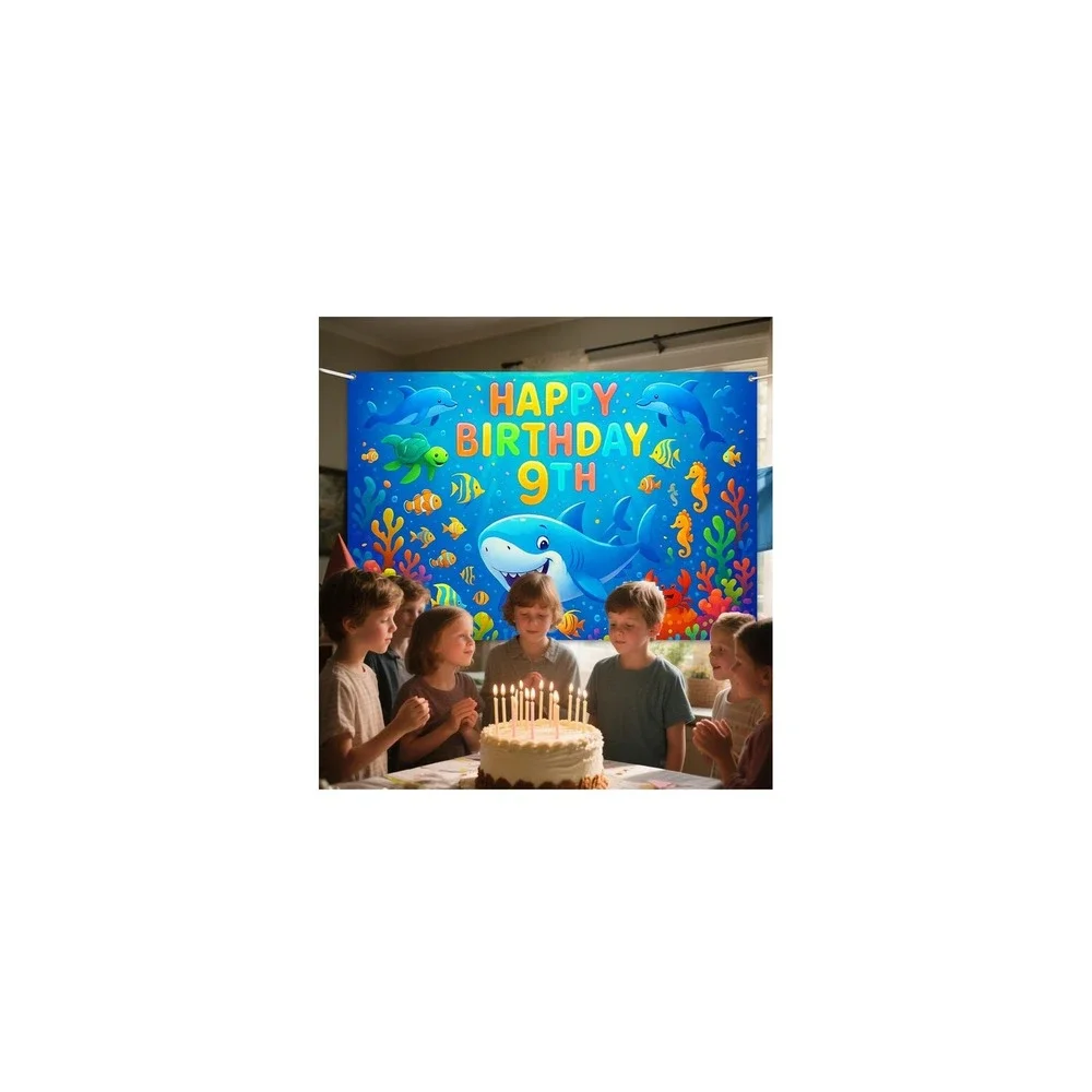 Under the Sea 9th Birthday Banner Shark Ocean Theme Party Backdrop 71x43in NEW